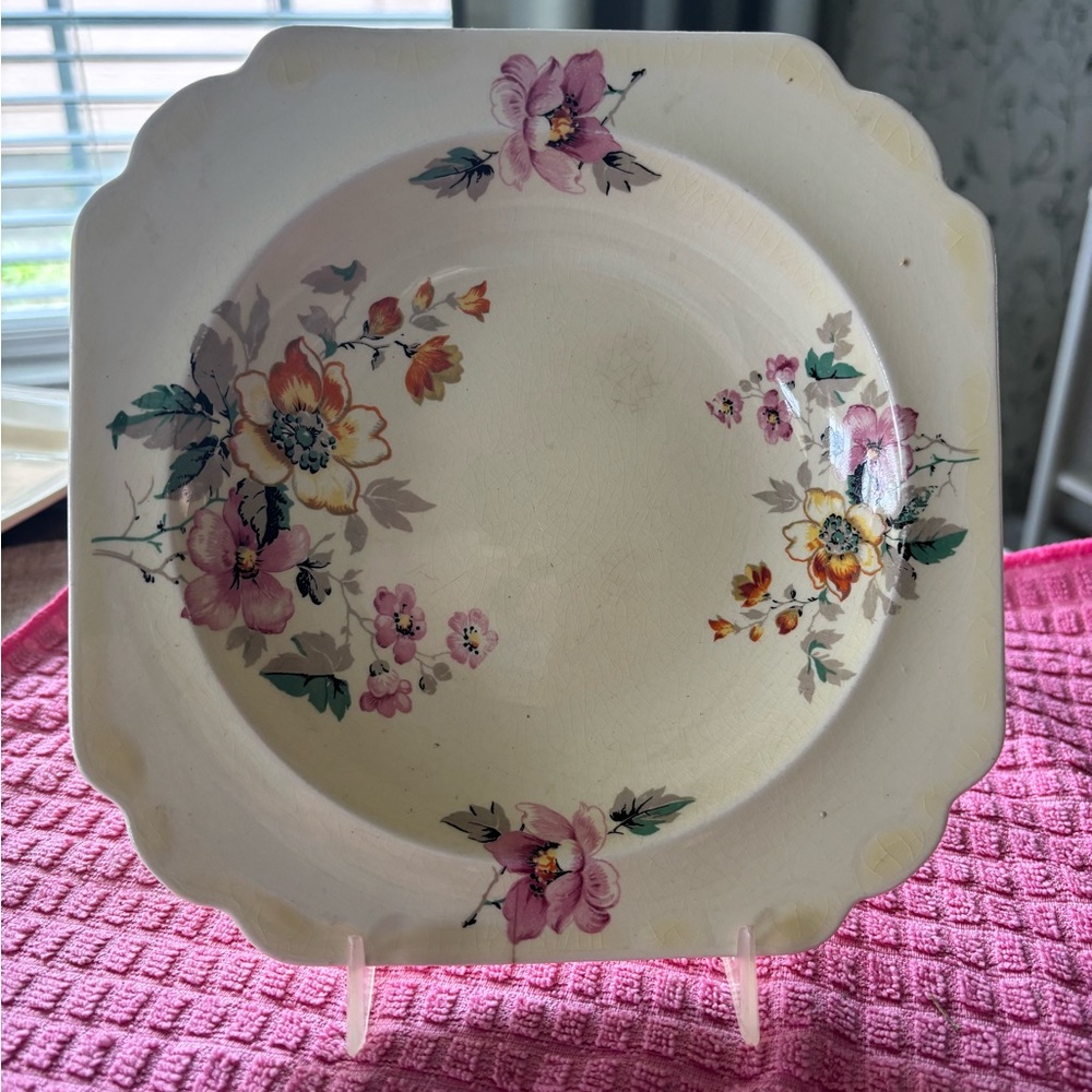 Vintage Pale Yellow and Pink Floral soup, salad, serving 8”